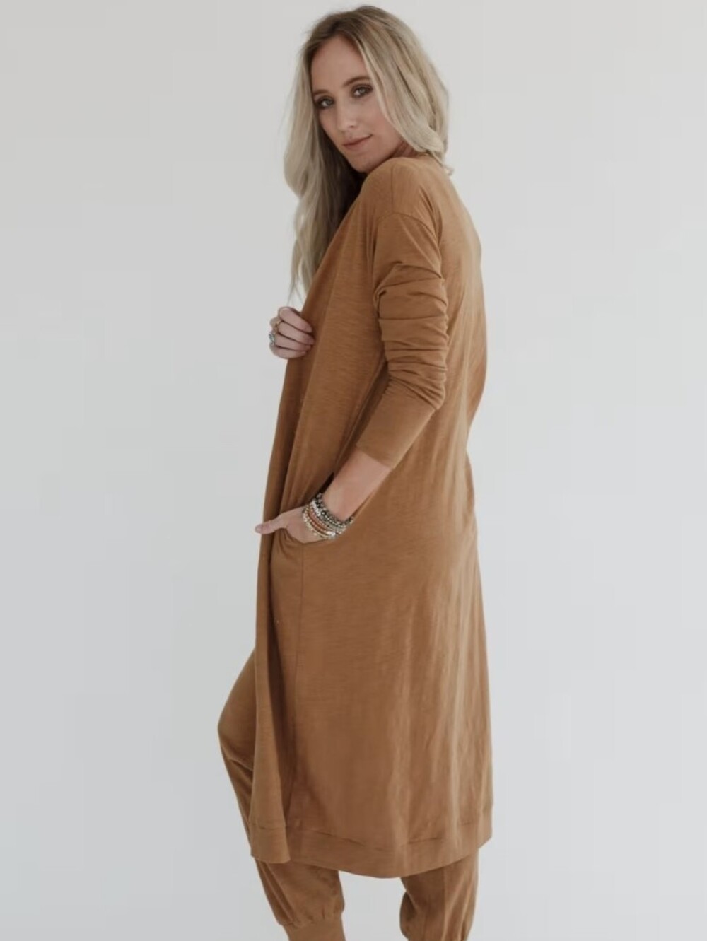 Three Bird Nest Long Open Front Cardigan in Camel Brown